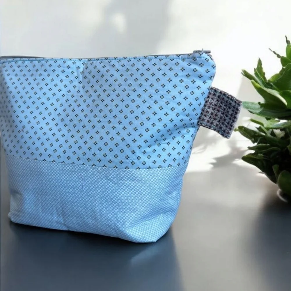 Blue Quilted Cosmetic Bag with Polka Dot Design